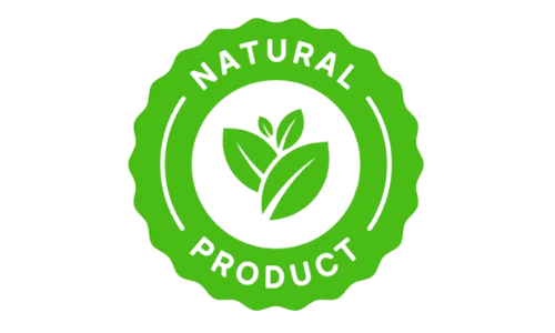 100% Natural Product green scalloped badge featuring leaf icons to highlight organic formulation and ingredients.