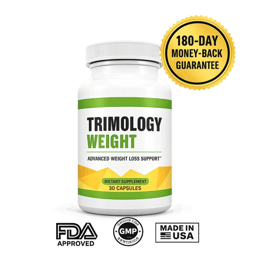 Trimology Weight dietary supplement bottle featuring a white and green label, 30 capsules, and a 180-day money-back guarantee seal.
