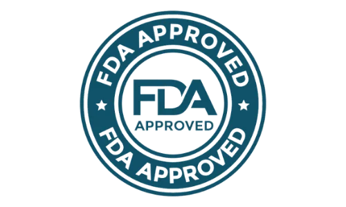 Circular FDA Approved regulatory seal in deep teal, featuring the acronym 'FDA' and stars, signifying compliance for health products.