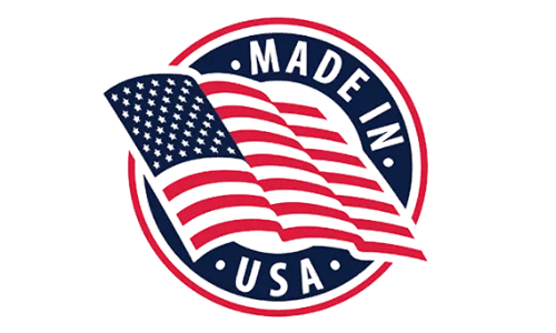 Certified Made in USA circular emblem featuring a waving American flag design for domestic manufacturing verification.