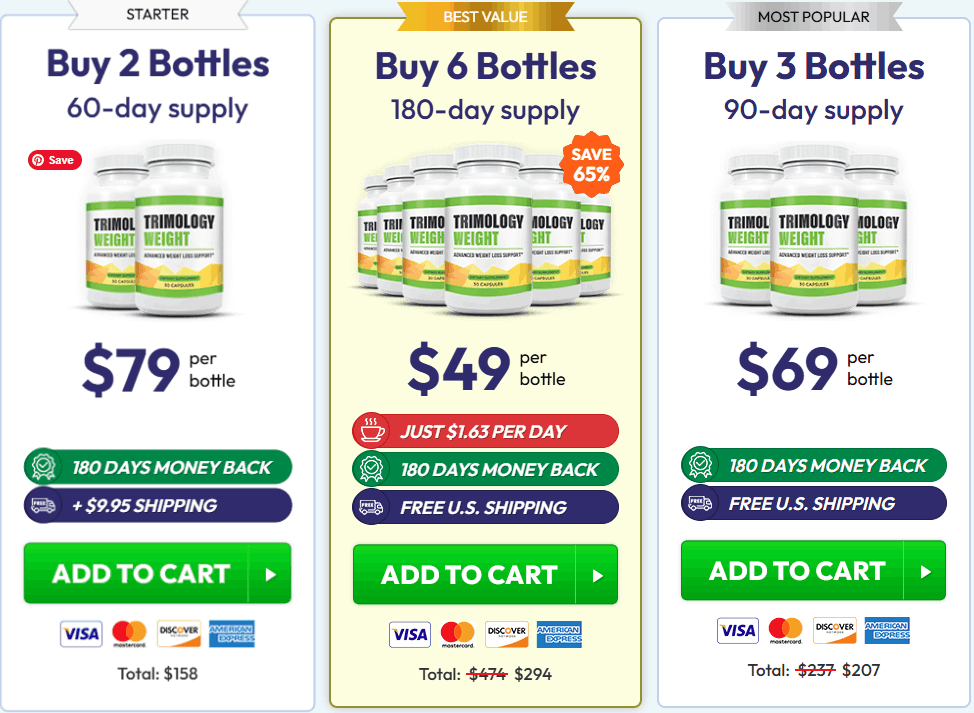 Trimology pricing and package options showing 2-bottle starter, 3-bottle popular, and 6-bottle best value bundles with money-back guarantees and secure checkout.
