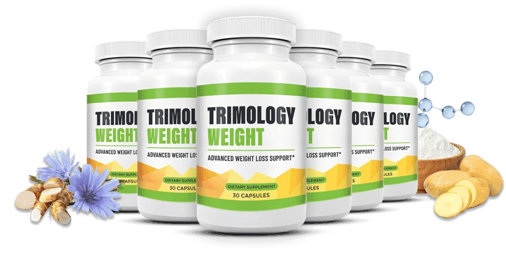 Trimology six-bottle supply of natural metabolic support supplement flanked by organic chicory root and potato extract ingredients.