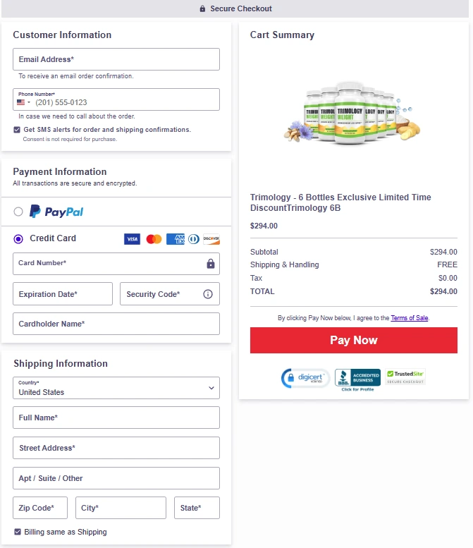 Trimology secure checkout page interface showing order details, customer information fields, payment options, and cart summary for the 6-bottle bundle.